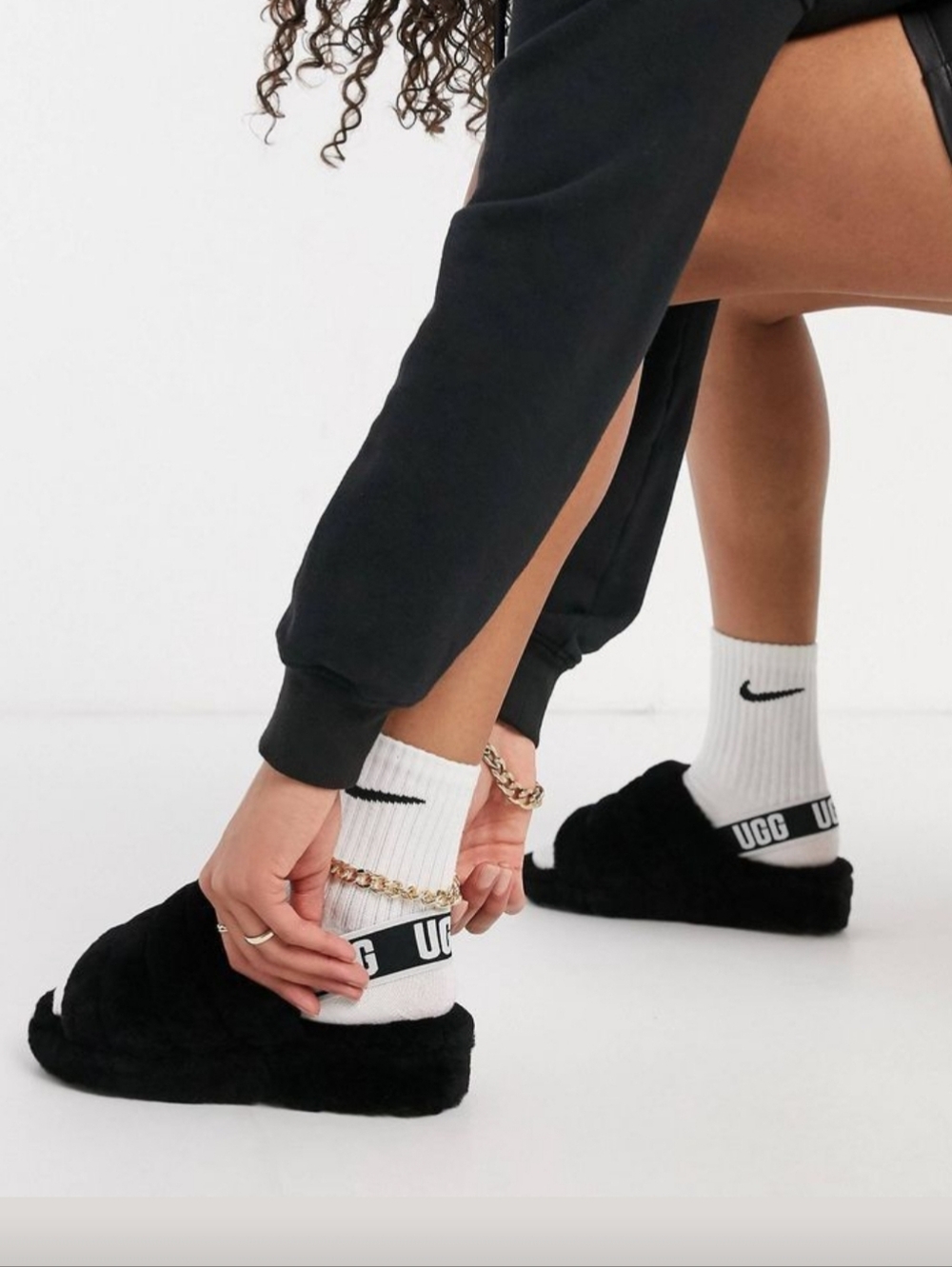 UGG Fluff Yeah Black Faux Fur Women's Size 9 Slide Slippers Sandals